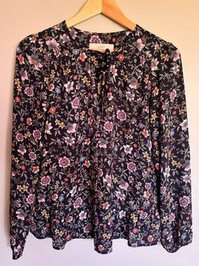 LOFT Floral Peplum Blouse XS Long Sleeve Boho Tie Neck Navy